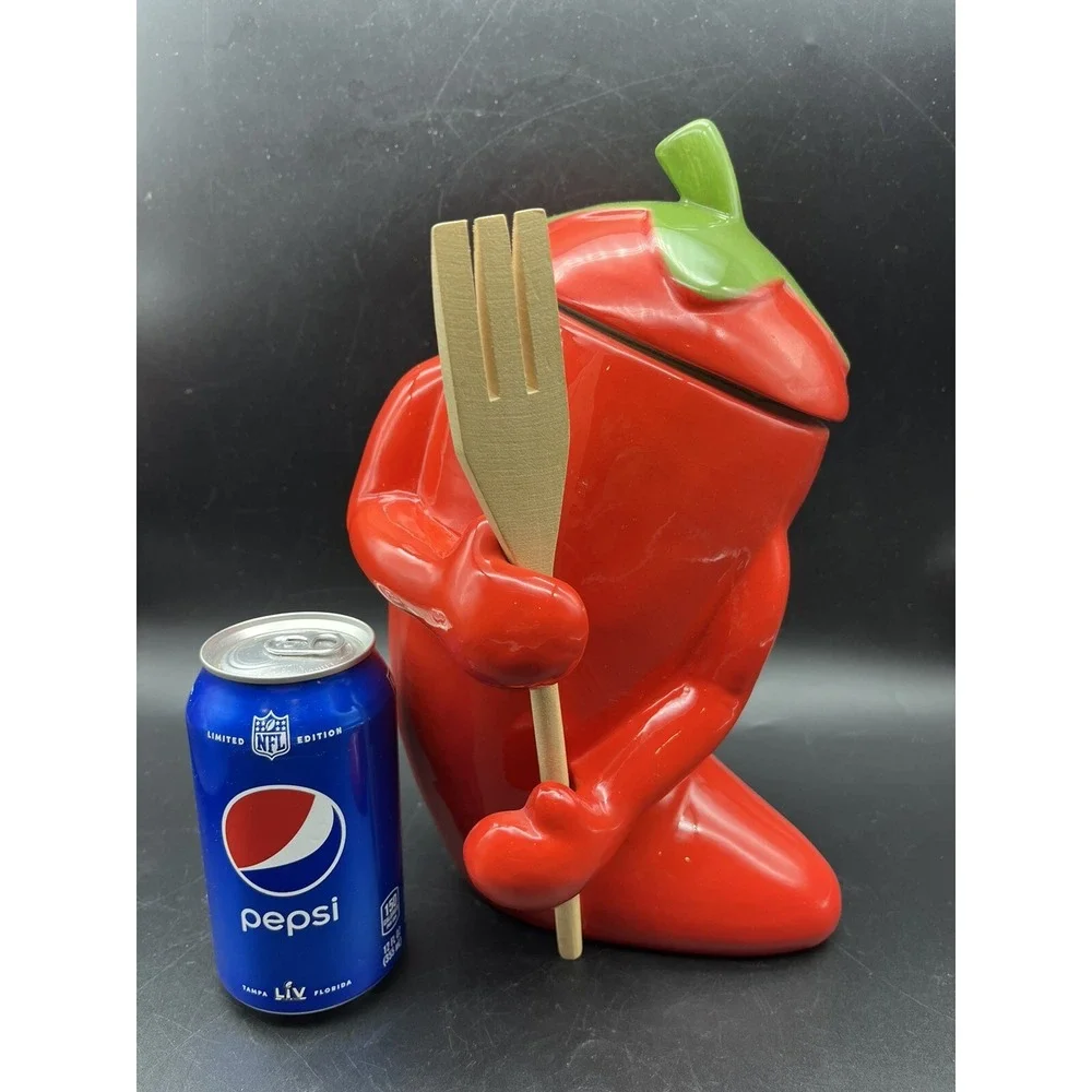 Red & Green Chili Pepper Cookie Jar/Canisters With Arms And Lid 10.75